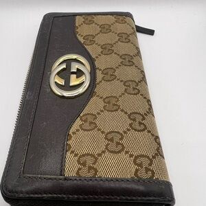 Authentic Gucci GG Canvas Leather Zip Around Wallet Interlocking G